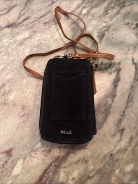 The Sak Black Suede Crossbody Phone Pouch with Tan Strap